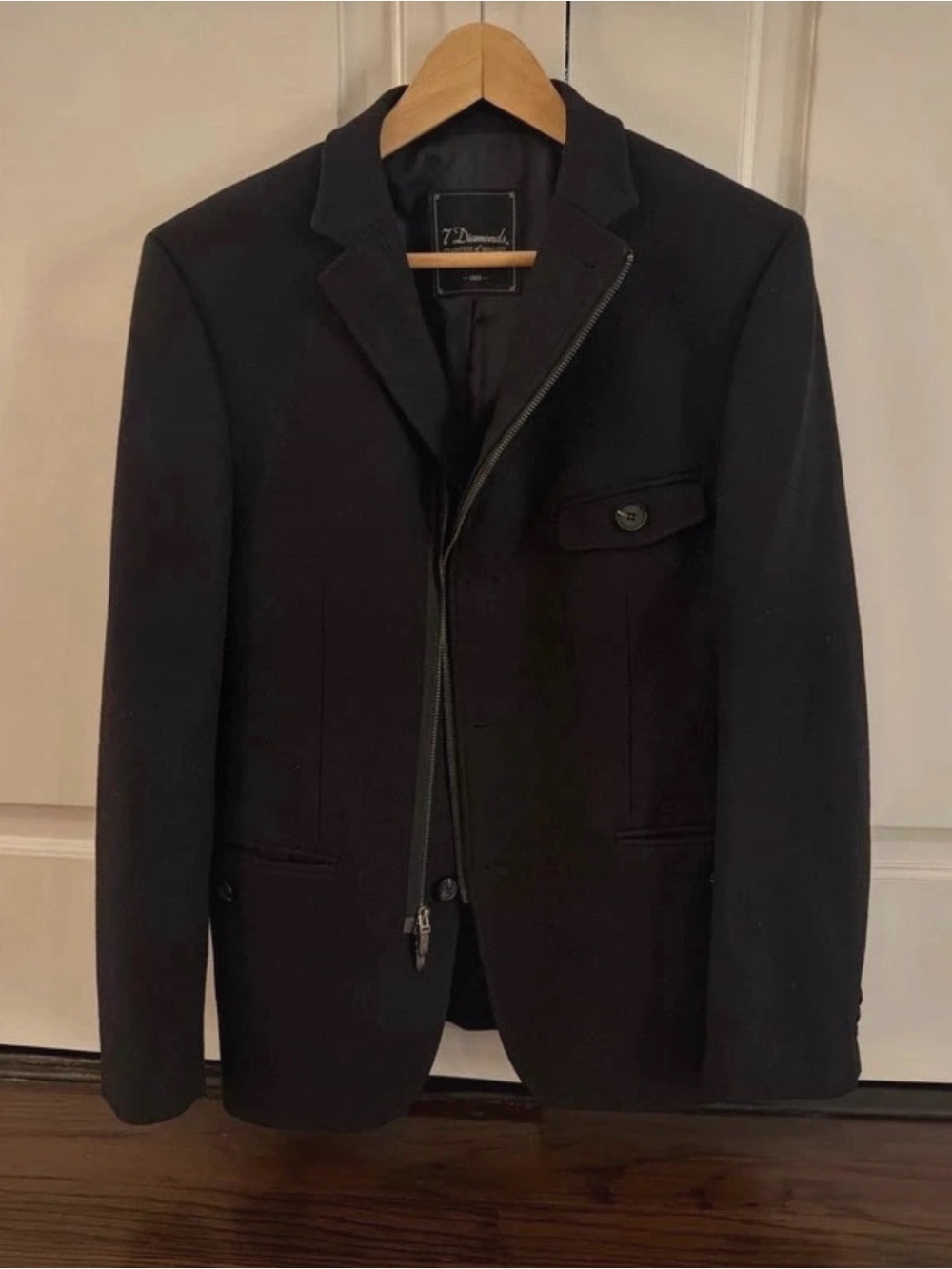 7 Diamonds Wool Coat Men’s L Black Full Double Zip Button Up Jacket Altamura Pea